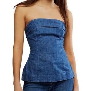 Free People Lora Denim Tube Top Back Zip Lace Up Canter Wash Womens Size M